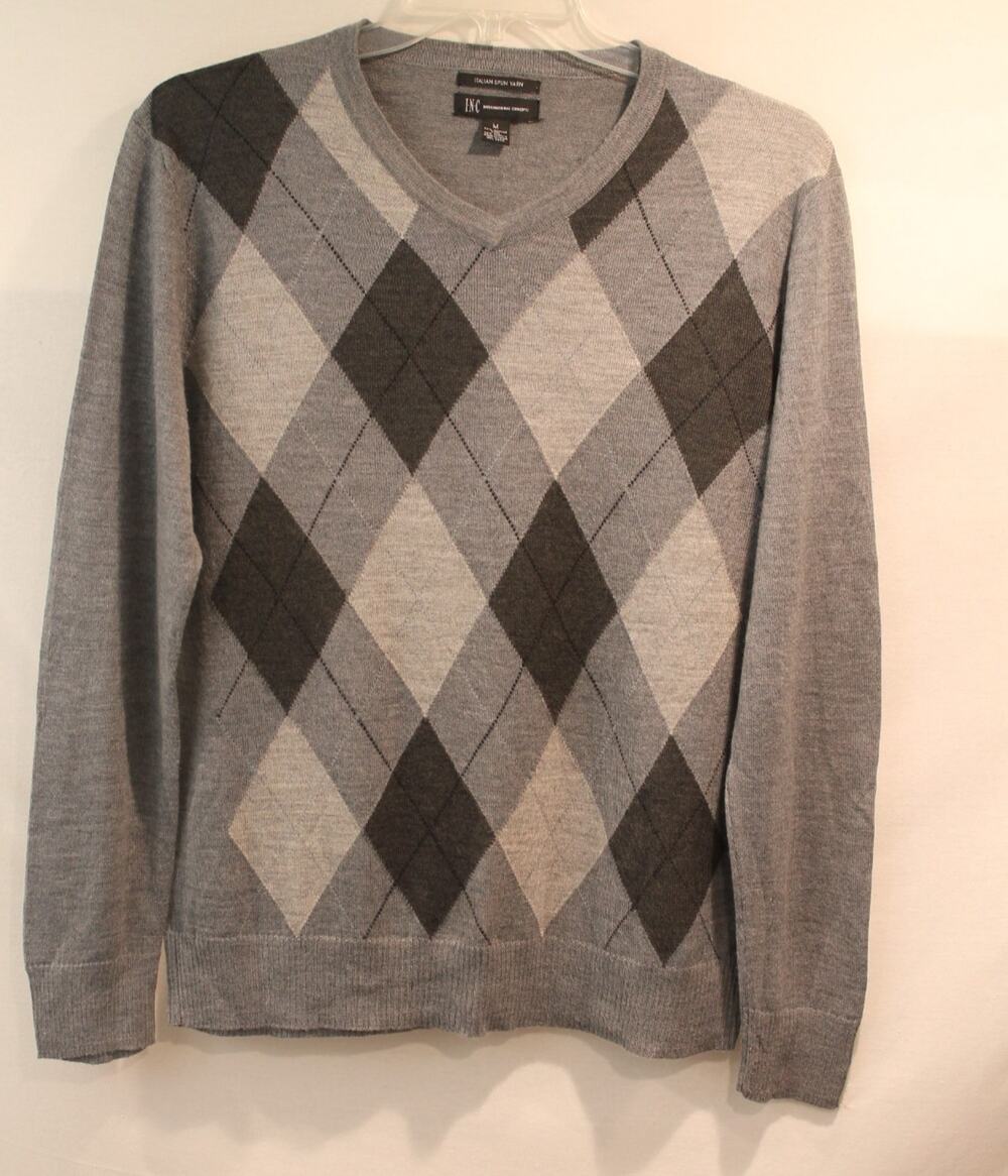 INC Italian Spun Merino Wool Blended Sweater Mens M Gary Argyle V-neck Pullover